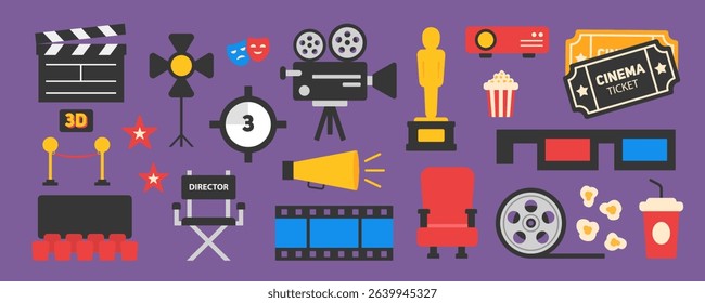 Cinema icons. Movie icon set. Isolated cinema vector set. Movie theater signs. 