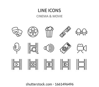 Cinema icons. Movie symbols for apps or web sites. Vector