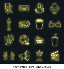 Cinema icons in neon style. Movie set collection isolated vector illustration
