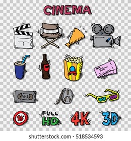 Cinema Icons On Transparency Background. Clapperboard, Director's Chair, Horn, Cinema Camera, Popcorn, Cinema Tickets, Cinema Tape, Director's Chair. Cinema Vector Set. 