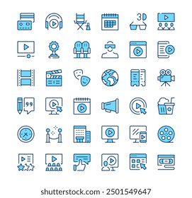 Cinema icons. Outline symbols. Vector blue line icons set