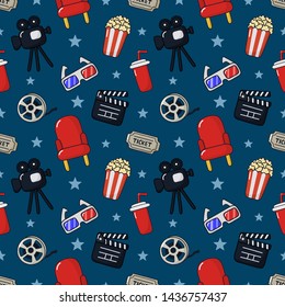 cinema icons pattern seamless. signs and symbols collection icon for websites with blue background. vector illustration.