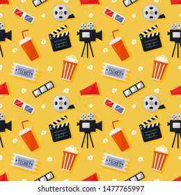 cinema icons pattern seamless. signs and symbols collection icon for websites with yellow background. vector illustration.