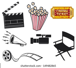 cinema icons (projector and film strip, popcorn in a striped tub, movie clapper board, video camera, ticket, director chair)