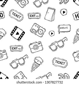 cinema icons in seamless pattern with hand drawn or doodle style