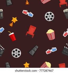 Cinema icons seamless pattern on brown background. Vector Illustration