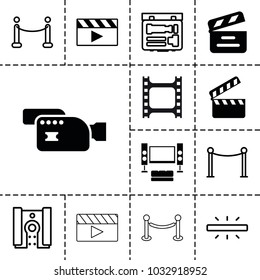 Cinema icons. set of 13 editable filled and outline cinema icons such as movie clapper, red carpet barrier, camera, red carpet, clapper board, tv system, fence