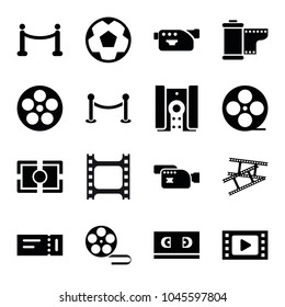 Cinema icons. set of 16 editable filled cinema icons such as ticket, movie tape, camera, camera tape, camera focus, red carpet, fence