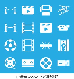 Cinema icons set. set of 16 cinema filled icons such as fence, ticket, movie clapper, movie tape, camera, film tape, camera tape, red carpet, clapper board