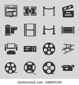 Cinema icons set. set of 16 cinema filled icons such as fence, ticket, red carpet barrier, movie clapper, movie tape, camera, film tape, camera tape, camera focus, red carpet