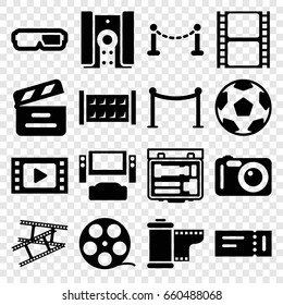 Cinema icons set. set of 16 cinema filled icons such as fence, ticket, red carpet barrier, movie clapper, movie tape, camera tape 