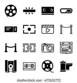 Cinema icons set. set of 16 cinema filled and outline icons such as ticket, film tape, camera tape, camera focus, camera, red carpet, red carpet barrier, movie tape