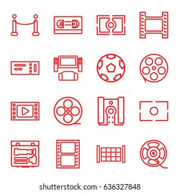 Cinema icons set. set of 16 cinema outline icons such as fence, ticket, movie tape, film tape, camera, camera focus, red carpet