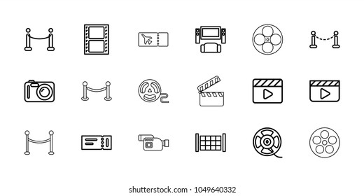 Cinema icons. set of 18 editable outline cinema icons: fence, ticket, clapper board, tv system, movie clapper, movie tape, film tape, red carpet, camera, red carpet barrier