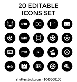 Cinema icons. set of 20 editable filled cinema icons such as ticket, red carpet barrier, movie tape, 3d glasses, camera tape. best quality cinema elements in trendy style.