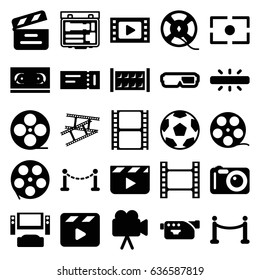 Cinema icons set. set of 25 cinema filled icons such as fence, ticket, movie clapper, movie tape, camera, film tape, camera tape, camera focus, red carpet, clapper board