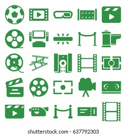Cinema icons set. set of 25 cinema filled icons such as fence, ticket, red carpet barrier, movie clapper, movie tape, camera, film tape, camera tape, camera focus, red carpet