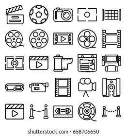 Cinema icons set. set of 25 cinema outline icons such as fence, movie clapper, movie tape, camera, film tape, camera tape, camera focus, red carpet, clapper board, tv system