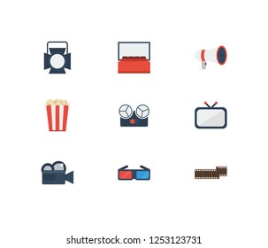 Cinema icons set. 3d glasses and cinema icons with cinema, cinema tape and theater spotlight. Set of professional for web app logo UI design.