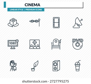 Conjunto de iconos de cine: 3D, máscara de carnaval Pequeña, rollo de cámara, DVD HD, smoothie con colección de Vector de contorno de paja.