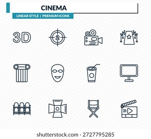 Kino-Icons-Set - 3D-Text, Filmzähler, Filmbetrachter, Flat-TV, Filmklapper offene Umriss-Vektorsammlung.