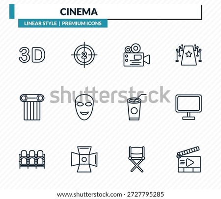 cinema icons set - 3d text, film counter, film viewer, flat tv, movie clapper open outline vector collection.