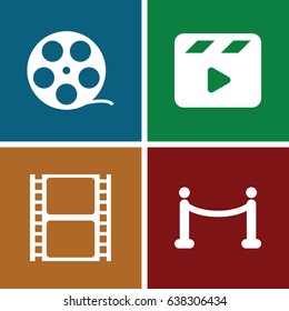 Cinema icons set. set of 4 cinema filled icons such as movie clapper, movie tape, red carpet