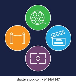 Cinema icons set. set of 4 cinema outline icons such as red carpet barrier, movie clapper, camera focus