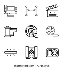 Cinema icons. set of 9 editable outline cinema icons such as movie clapper, film tape, camera tape, camera, red carpet barrier, movie tape