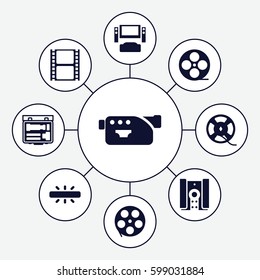 cinema icons set. Set of 9 cinema filled icons such as movie tape, camera, film tape