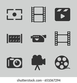 Cinema icons set. set of 9 cinema filled icons such as fence, movie clapper, movie tape, camera, camera focus