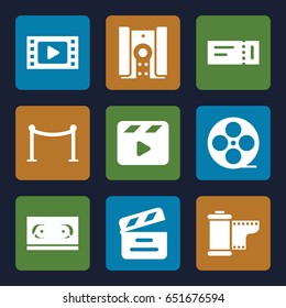 Cinema icons set. set of 9 cinema filled icons such as ticket, red carpet barrier, movie clapper, movie tape, camera tape, camera
