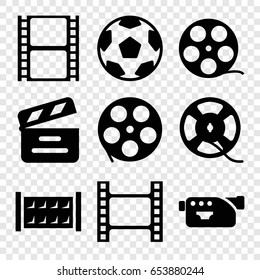 Cinema Icons Set. Set Of 9 Cinema Filled Icons Such As Fence, Movie Clapper, Movie Tape, Camera, Film Tape