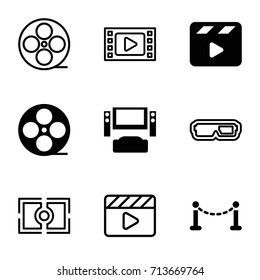 Cinema icons set. set of 9 cinema filled and outline icons such as fence, movie clapper, movie tape, camera focus, tv system