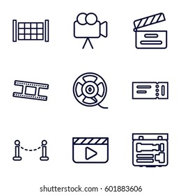 cinema icons set. Set of 9 cinema outline icons such as fence, ticket, movie clapper, camera, film tape, camera tape