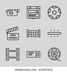 Cinema icons set. set of 9 cinema outline icons such as fence, ticket, movie clapper, camera, film tape