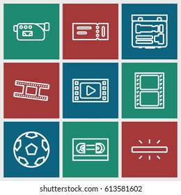 Cinema icons set. set of 9 cinema outline icons such as ticket, movie tape, camera, camera tape