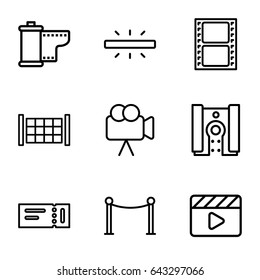 Cinema icons set. set of 9 cinema outline icons such as fence, ticket, red carpet barrier, movie clapper, movie tape, camera