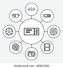 Cinema icons set. set of 9 cinema outline icons such as ticket, movie tape, camera, film tape