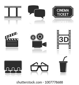 Cinema icons set. Black square signs with movie theater symbols. Vector illustration isolated on white background