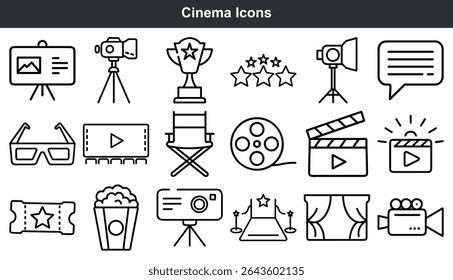 Cinema Icons Set Black and White Film Movie Symbols