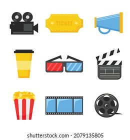 Cinema icons - set of bright flat icons. Movies and films. 3D Glasses, coffee, popcorn, ticket, reel.