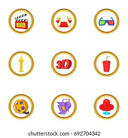 Cinema icons set. Cartoon set of 9 cinema vector icons for web isolated on white background