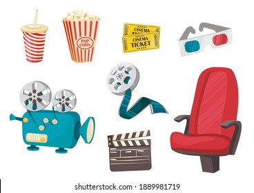Cinema icons set in cartoon style. Movie industry objects. Vector eps 10