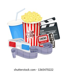 Cinema icons set with clapper board, film reel, popcorn, cola, tickets and 3D glasses. Vector