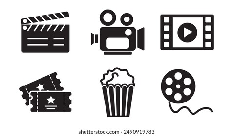 Cinema icons set. clapper board, film, movie, video and other. Popcorn box, movie, Flat style,