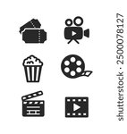 Cinema icons set. Collection icon: Popcorn box, movie, clapper board, film, movie, tv, video and other. Flat style, stock vector.