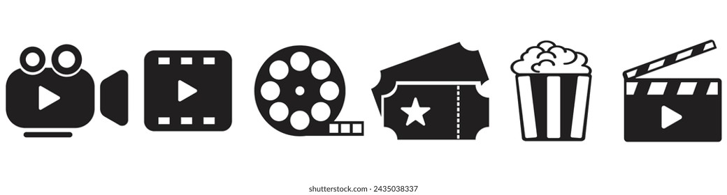 Cinema icons set. Collection icon: Popcorn box, movie, clapper board, film, movie, tv, video and other. Flat style - stock vector. collection of cinema icons