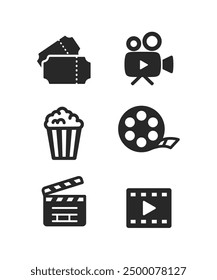 Conjunto de iconos de cine. Icono de la colección Video: Caja de palomitas de maíz, película, tablero de claqué, película, película, tv, etc. Estilo plano, Vector de stock.