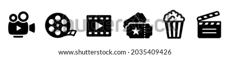 Cinema icons set. Collection icon: Popcorn box, movie, clapper board, film, movie, tv, video and other. Flat style - stock vector.